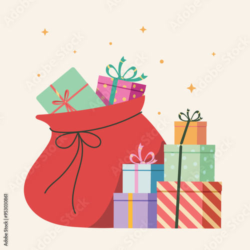 Illustration of gift boxes and a sack full of gifts. Christmas greeting cards, Happy holiday concept. Christmas and Holiday Gifts.