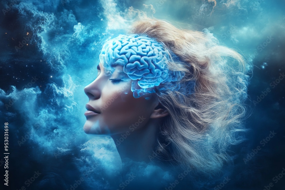 Surreal profile of a woman with blue neural patterns symbolizing the limitless possibilities of thought and creativity in a dreamlike environment Surreal profile of a woman with blue neural patterns symbolizing the limitless possibilities of thought and creativity in a dreamlike environment
