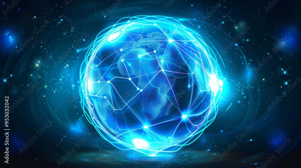 Vector illustration of an abstract blue futuristic globe, representing digital economic or metaverse concepts, the globe features intricate digital lines and networks, with glowing particles orbiting Vector illustration of an abstract blue futuristic globe, representing digital economic or metaverse concepts, the globe features intricate digital lines and networks, with glowing particles orbiting