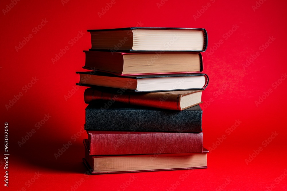 A stack of books on red background A stack of books on red background