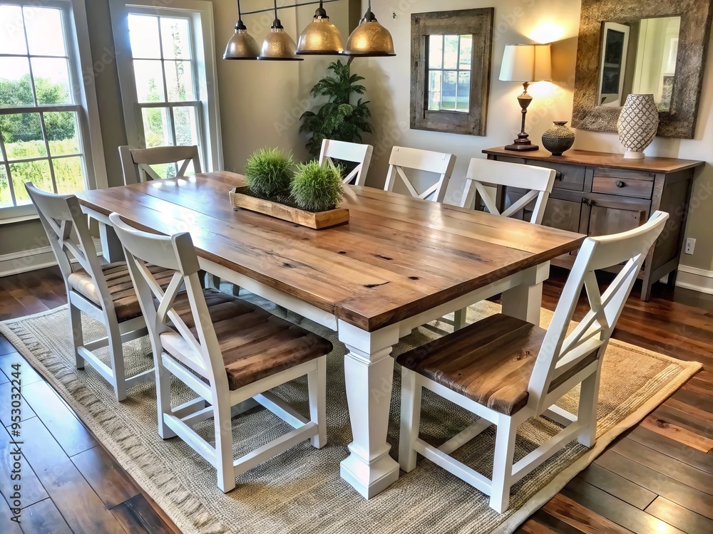 Fototapeta premium Custom farmhouse furniture georgia rustic style wooden tables Sauder style dining sets distressed wood finish farmhouse