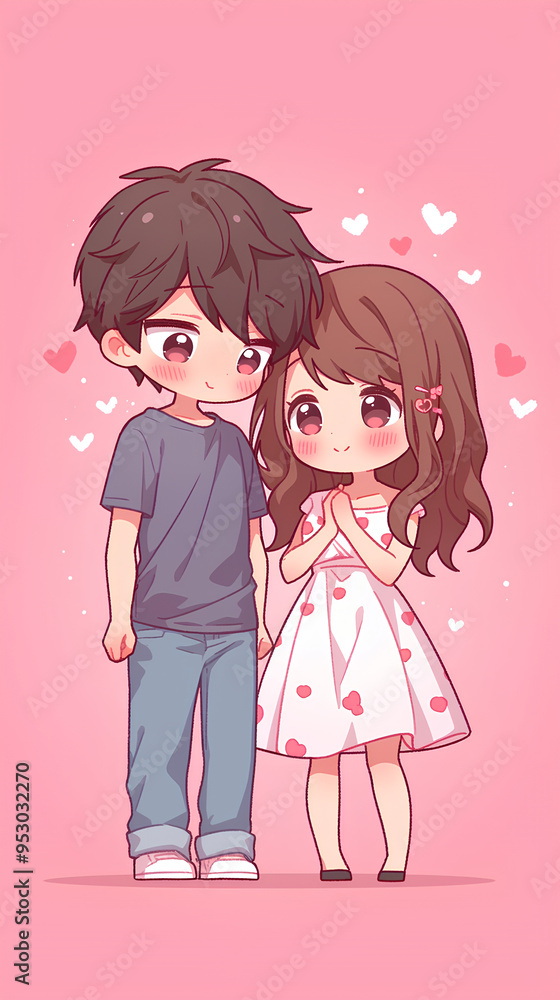 Chibi anime style dating couple. Cute anime. Vertical pink background Chibi anime style dating couple. Cute anime. Vertical pink background