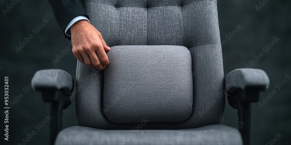 Close-up of Hand Adjusting Lumbar Support on Ergonomic Chair for Better Posture and Comfort Close-up of Hand Adjusting Lumbar Support on Ergonomic Chair for Better Posture and Comfort