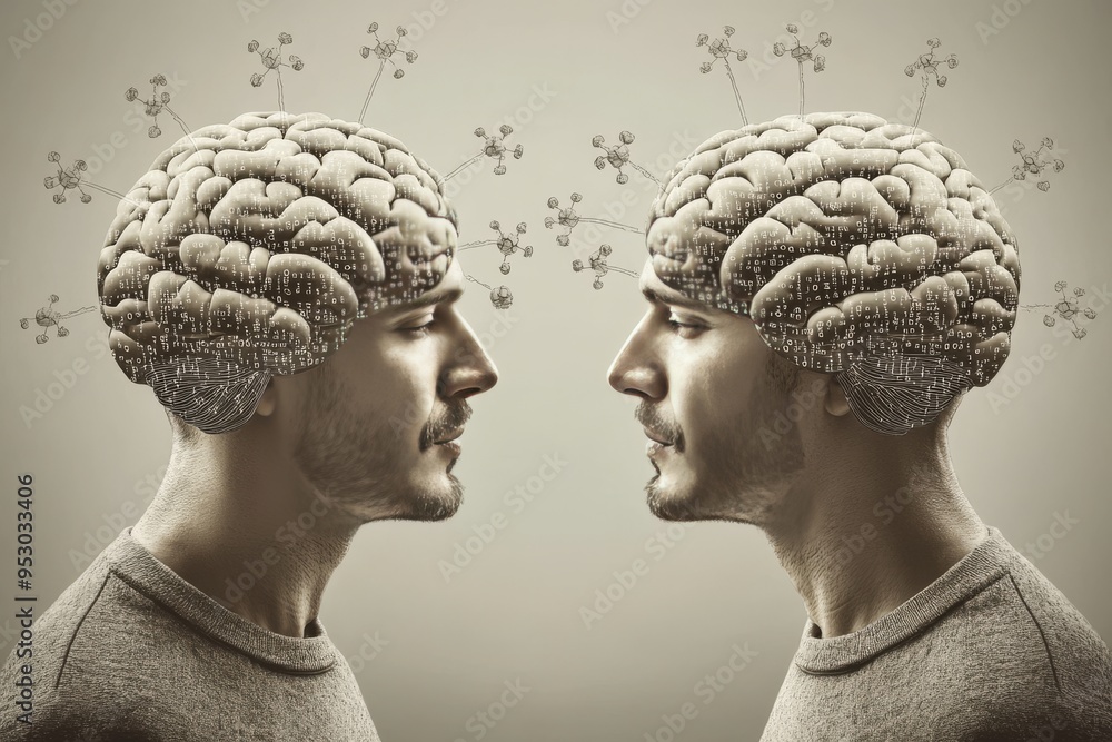Artistic sculpture of two heads with puzzle brain patterns symbolizing the complexity and interconnection of thought processes in a conceptual abstract setting Artistic sculpture of two heads with puzzle brain patterns symbolizing the complexity and interconnection of thought processes in a conceptual abstract setting