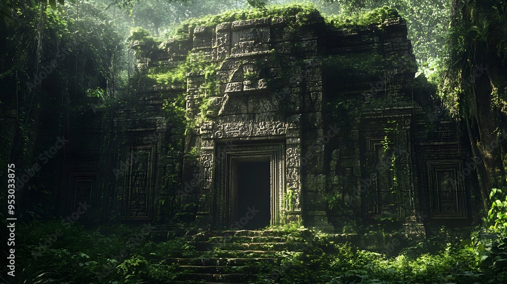 Mysterious ancient ruin hidden deep in the jungle overgrown with vines and moss-covered stones intricate carvings on weathered walls surrounded by lush vegetation Mysterious ancient ruin hidden deep in the jungle overgrown with vines and moss-covered stones intricate carvings on weathered walls surrounded by lush vegetation