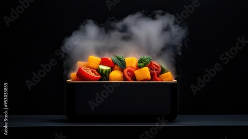 Prepared meal in a food box with steam transitioning to frost as it s placed in a freezer, food box freeze, meal prep freezing photo