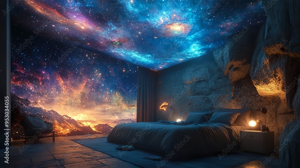 Obraz premium Cozy Bedroom with a Cosmic Mural and Starry Decor for a Tranquil Dreamlike Vibe