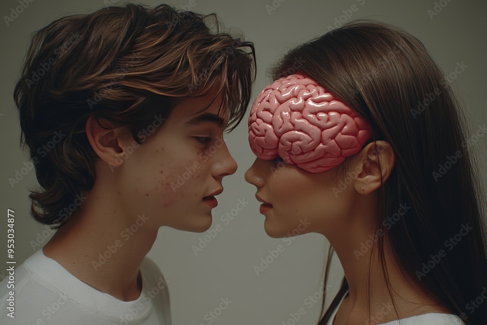 Romantic close up of a couple with glowing neural patterns symbolizing the shared thoughts and emotional bond in a serene conceptual environment Romantic close up of a couple with glowing neural patterns symbolizing the shared thoughts and emotional bond in a serene conceptual environment