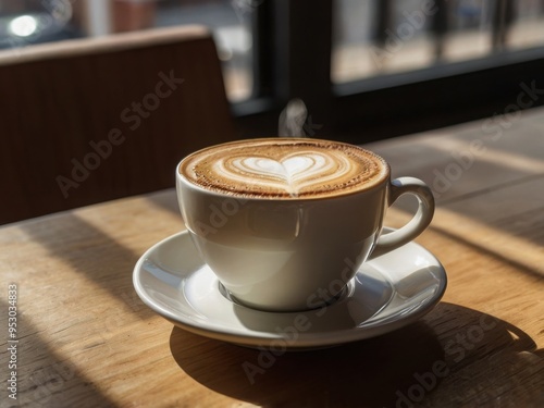 Close-up view of a white ceramic cup filled with a frothy cappuccino, placed on a matching saucer