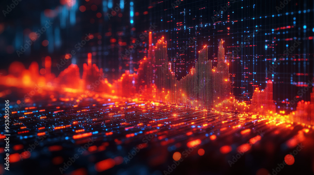 Fototapeta premium Vibrant digital data visualization with abstract graphs, glowing lines, and dots on a dark background, representing technology and analytics.