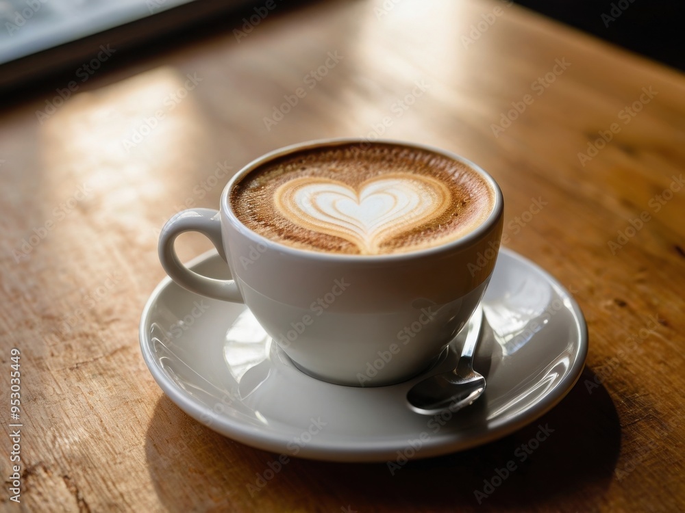 Close-up view of a white ceramic cup filled with a frothy cappuccino, placed on a matching saucer Close-up view of a white ceramic cup filled with a frothy cappuccino, placed on a matching saucer