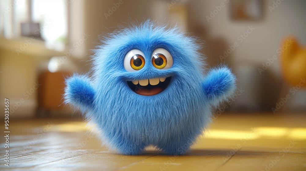 Fototapeta premium 3D render of a colorful fluffy blue furry cartoon character in an active dancing pose isolated on a yellow background, modern minimal concept.