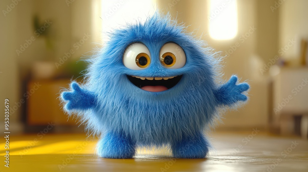 Fototapeta premium 3D render of a colorful fluffy blue furry cartoon character in an active dancing pose isolated on a yellow background, modern minimal concept.