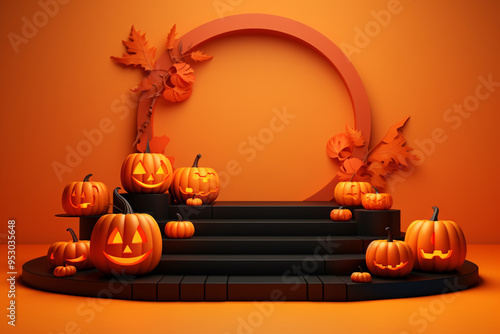 3D Halloween Pumpkin Podium Stand on Orange Background