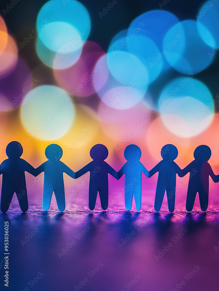 Paper people of different colors holding hands on a blurred background with bokeh lights Paper people of different colors holding hands on a blurred background with bokeh lights