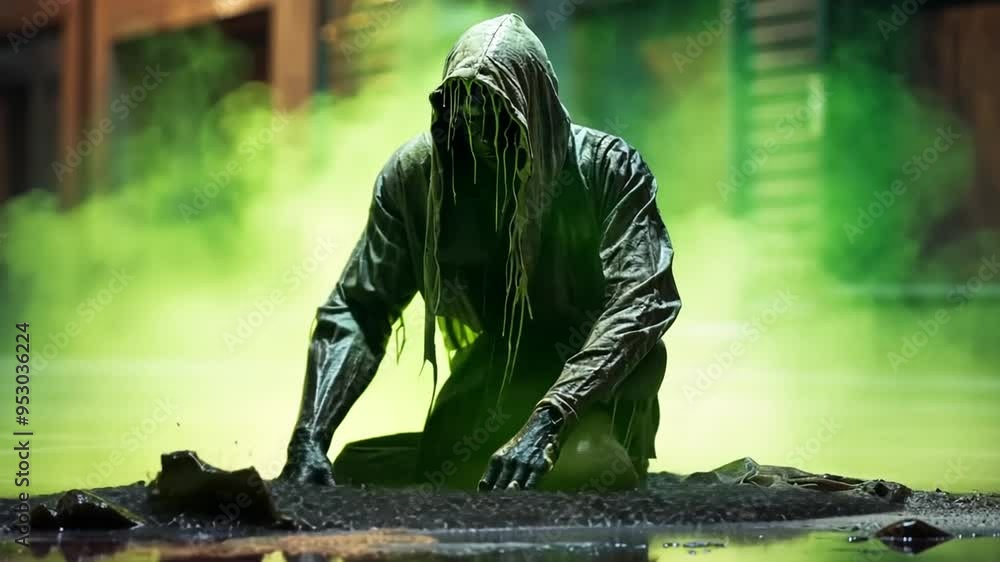 Mysterious Figure Emerging From Foggy Green Ground at Halloween Night Generative AI Mysterious Figure Emerging From Foggy Green Ground at Halloween Night Generative AI