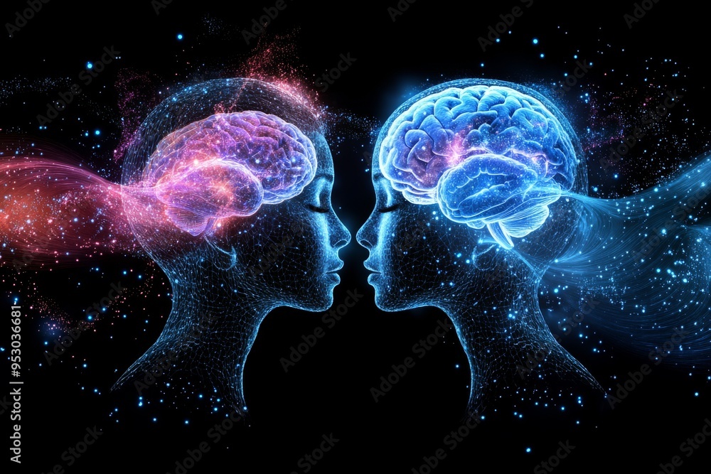 Symmetrical Cognitive Bond Digital Rendering of Two Human Faces with Colorful Neural Networks Connecting Them Emphasizing the Symbiosis of Minds and Collaborative Thought Processes Symmetrical Cognitive Bond Digital Rendering of Two Human Faces with Colorful Neural Networks Connecting Them Emphasizing the Symbiosis of Minds and Collaborative Thought Processes
