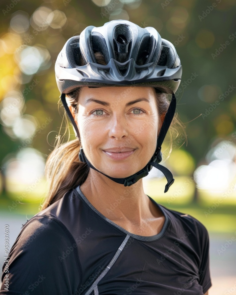 Mid age woman wearing skateboard or bike helmet portrait Mid age woman wearing skateboard or bike helmet portrait