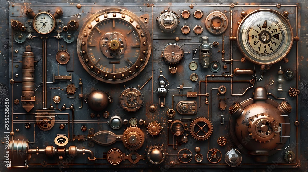 Steampunk-inspired design elements and gears, Steampunk-inspired design elements and gears,