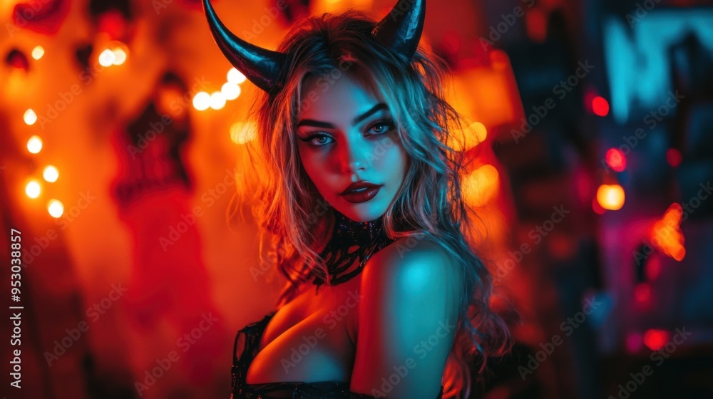 A young sexy woman dressed up as a devil at a Halloween party A young sexy woman dressed up as a devil at a Halloween party