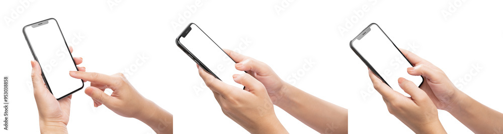 Hand holding the black smartphone with blank screen isolated on white background. Hand holding the black smartphone with blank screen isolated on white background.