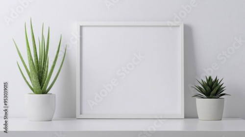 White blank frame for mock up with aloe vera plant o desk isolated white background photo