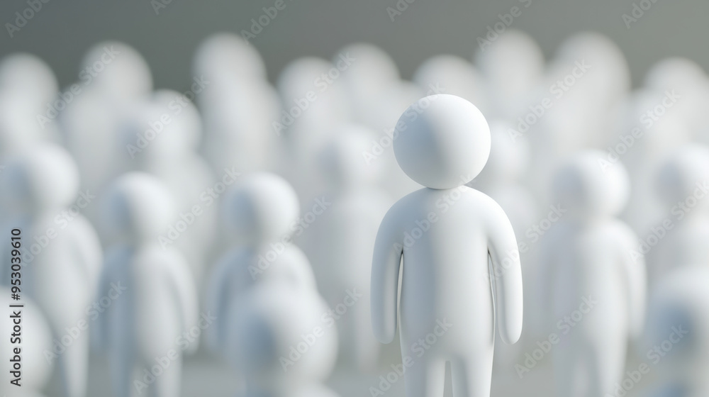 Minimalistic of white human figures; one figure standing out among a blurred crowd, symbolizing individuality and uniqueness. Minimalistic of white human figures; one figure standing out among a blurred crowd, symbolizing individuality and uniqueness.