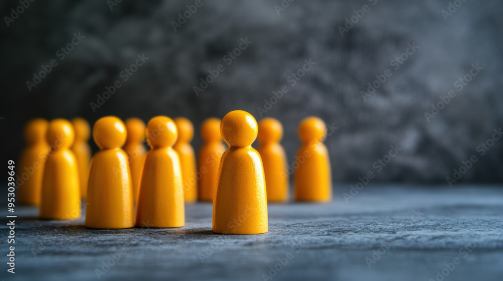 Group of yellow wooden figures standing together in a concept of teamwork, leadership, uniqueness, unity, and individuality on a textured background. Group of yellow wooden figures standing together in a concept of teamwork, leadership, uniqueness, unity, and individuality on a textured background.