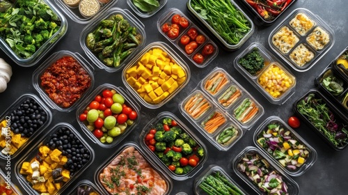 A top-down view of a meal prep table with neatly packed containers of balanced meals for the week.