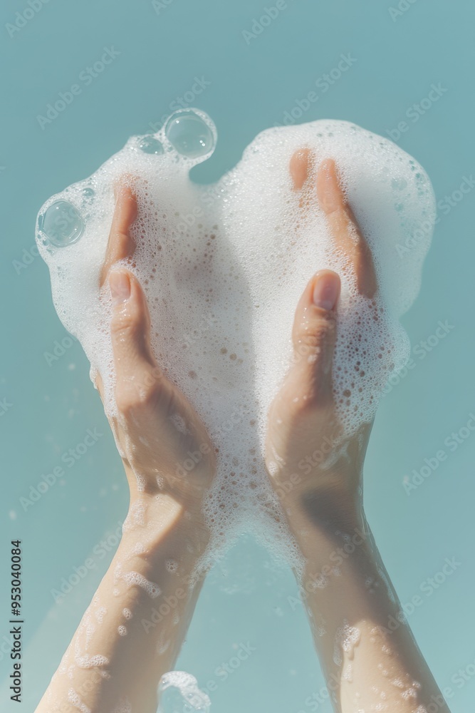 A pair of hands, washing, with soap and bubbles, white foam on top. A pair of hands, washing, with soap and bubbles, white foam on top.