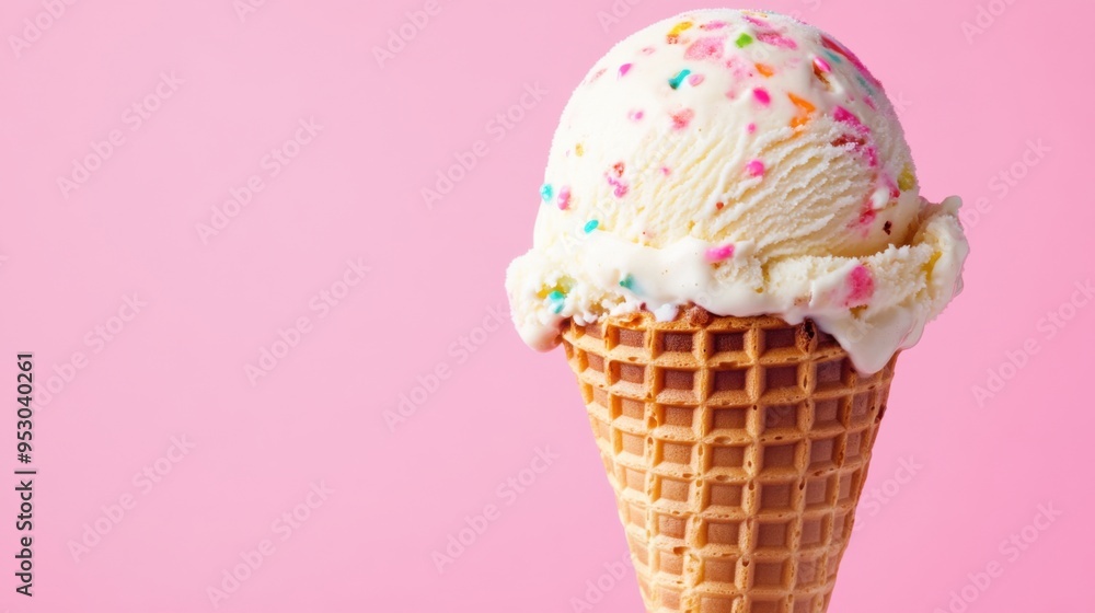 A vibrant and detailed image of a delicious scoop of ice cream in a waffle cone. A vibrant and detailed image of a delicious scoop of ice cream in a waffle cone.
