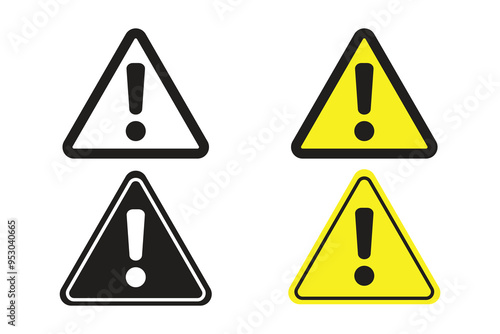 Warning alarm set, collection of danger signs, attention vector icons, fatal error message elements in yellow and black, exclamation marks attention and warning icons
