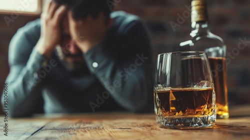 Alcoholism drunk, sad young man hand holding glass of alcohol or whiskey, alone depressed male drink booze on background. Treatment of alcohol addiction, suffer abuse problem alcoholism.