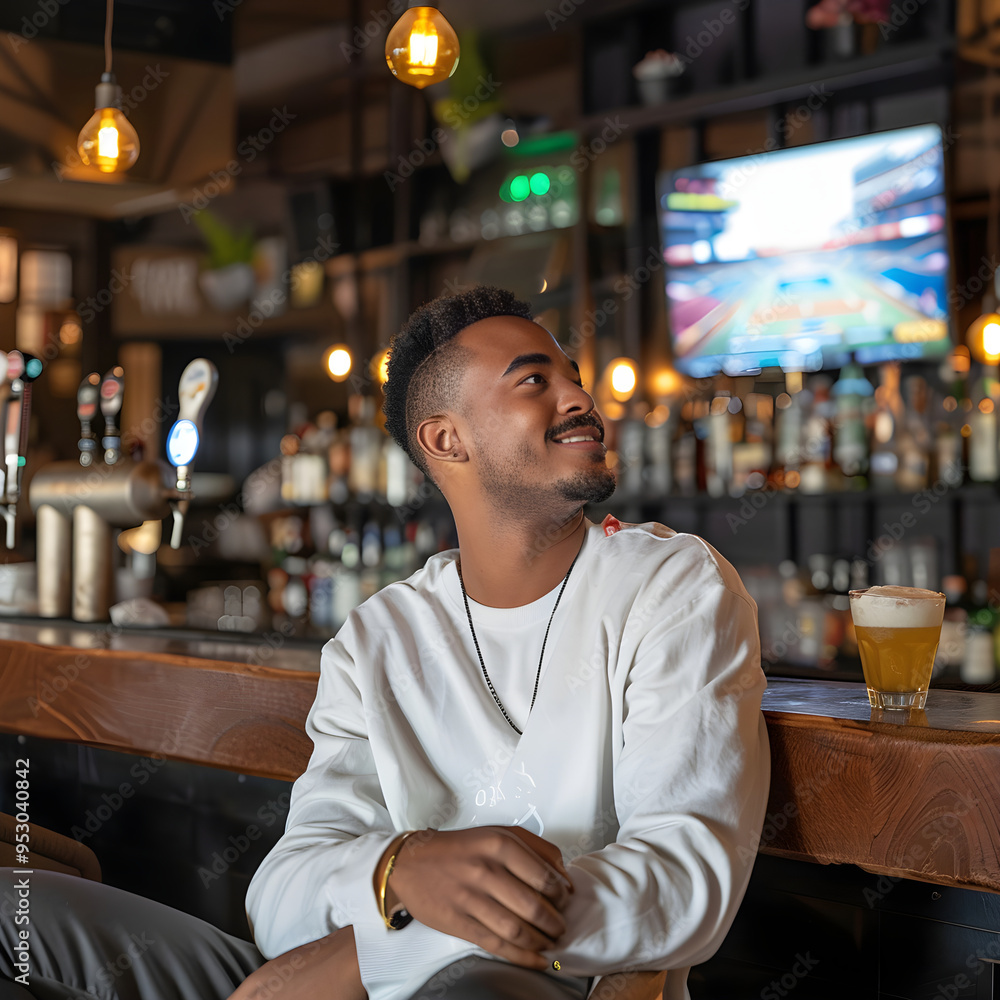 Young man watches an exciting sports match on tv with enthusiasm while sitting at a bar with a drink Young man watches an exciting sports match on tv with enthusiasm while sitting at a bar with a drink