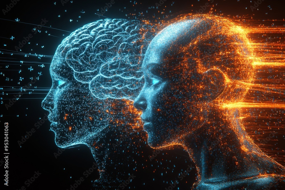 Neural Velocity Abstract Silhouette of Two Human Profiles with Accelerated Neural Networks Symbolizing the Speed of Thought and Cognitive Communication in a High Tech World Neural Velocity Abstract Silhouette of Two Human Profiles with Accelerated Neural Networks Symbolizing the Speed of Thought and Cognitive Communication in a High Tech World