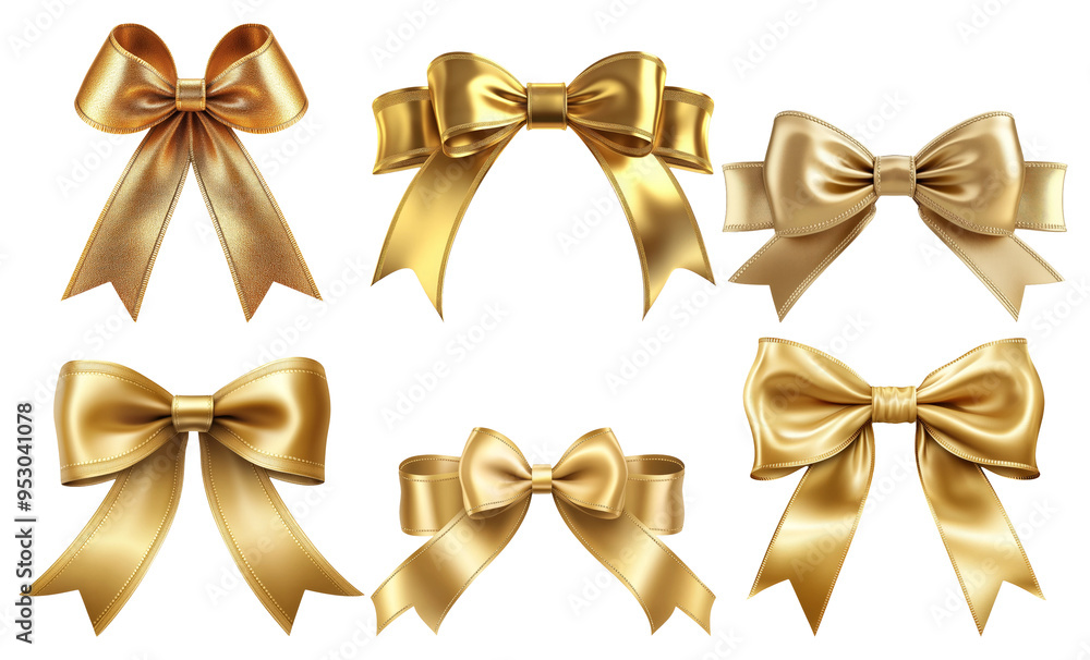 Gold ribbon bows in various shapes isolated on transparent background Gold ribbon bows in various shapes isolated on transparent background