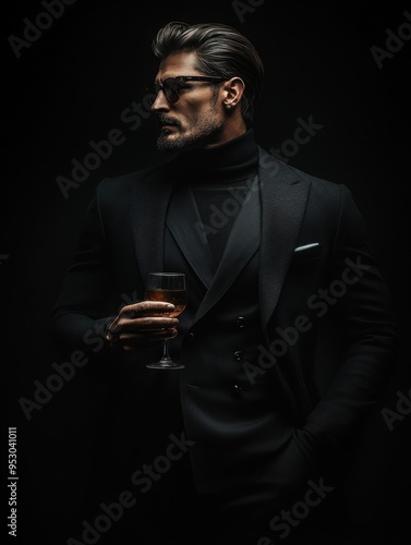 man in black suit with a glass of wine