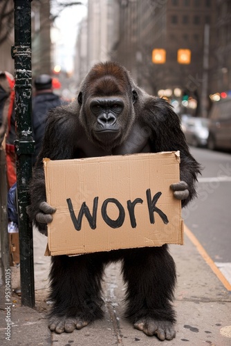 homeless gorilla with a cardboard sign 