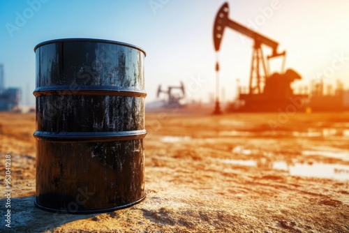 Large oil barrel positioned beneath a powerful drilling. photo