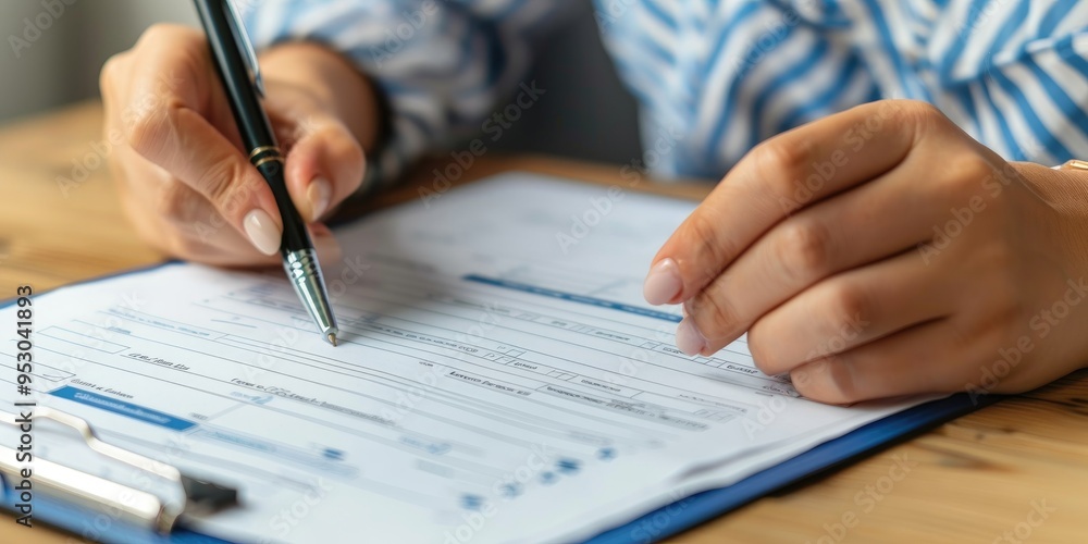 Surveying process involving a clipboard, pen, and document representation, with a woman completing an application form checklist or assessment on a table. Surveying process involving a clipboard, pen, and document representation, with a woman completing an application form checklist or assessment on a table.