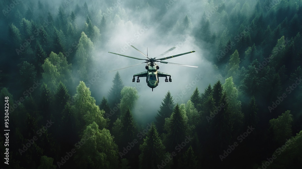 Fototapeta premium A helicopter flying low over dense forest, surrounded by mist and greenery, creates dramatic and captivating scene.