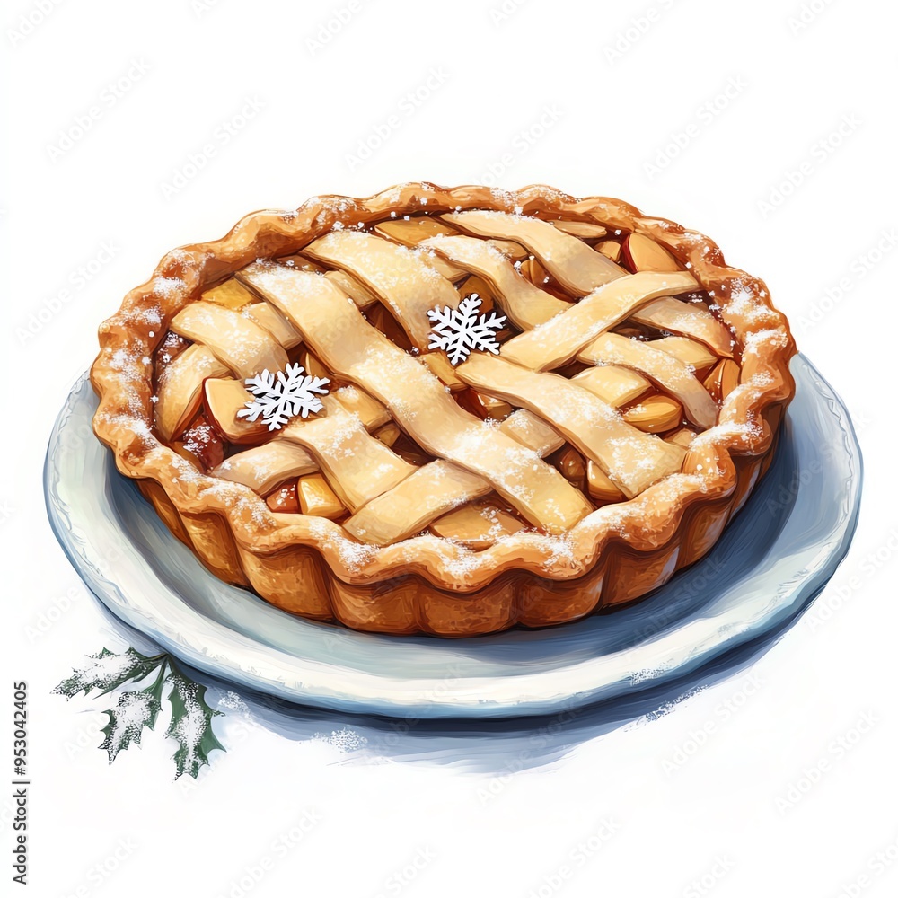A winter Thanksgiving pie clipart, warm apple pie with snowflake decorations, cozy vibes, digital painting, isolated on white background A winter Thanksgiving pie clipart, warm apple pie with snowflake decorations, cozy vibes, digital painting, isolated on white background