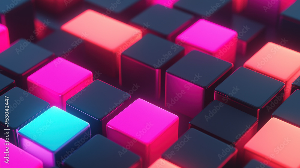 Vibrant neon cubes forming an abstract geometric pattern, illuminated with pink and blue shades. A visually striking and modern design concept image. Vibrant neon cubes forming an abstract geometric pattern, illuminated with pink and blue shades. A visually striking and modern design concept image.