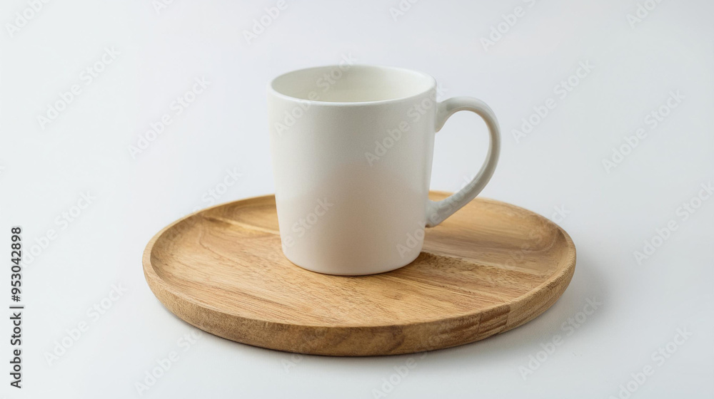 Mockup of a mug stand on wooden plate isolated on a white background Mockup of a mug stand on wooden plate isolated on a white background