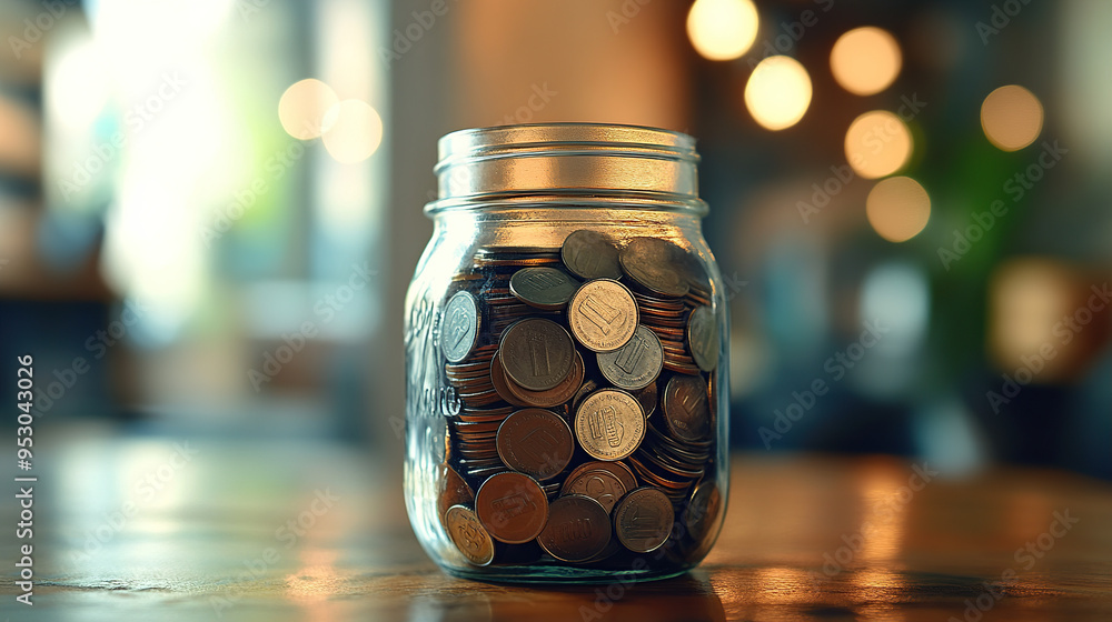 A glass jar filled with coins sits atop an empty table, with a blurry background, A glass jar filled with coins sits atop an empty table, with a blurry background,