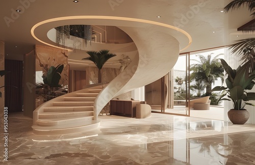 a fancy front entryway of a luxury home with circular staircase ai generative photo