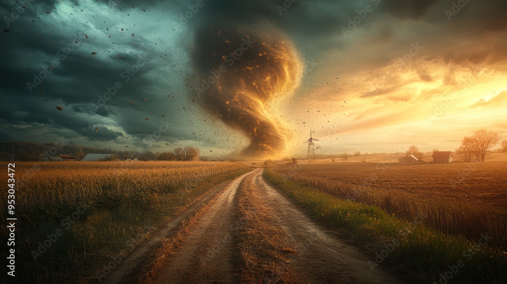 A massive tornado twisting through a rural landscape A massive tornado twisting through a rural landscape