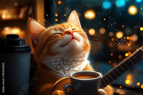 Cat musician at a coffee shop, depicted in a cozy illustration where the cat, sitting by a window with a cup of coffee, strums a guitar while relaxing in a cozy, warm-lit coffee shop