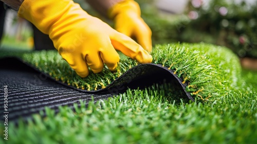 A person installing artificial grass with yellow gloves, showcasing landscaping work. photo