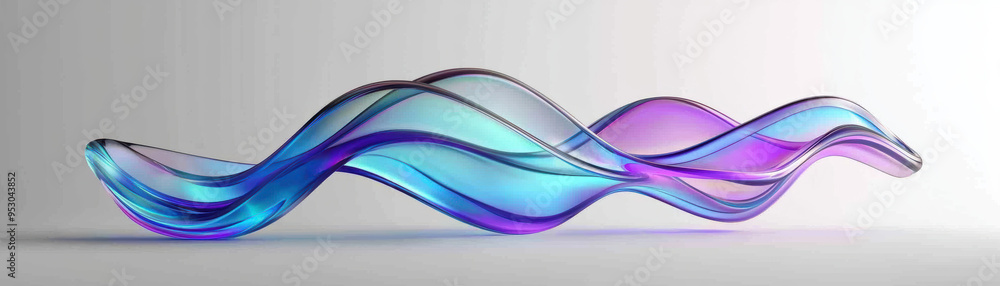 Naklejka premium Abstract colorful glass waves in purple and blue tones on a white background, representing modern art and creativity. Perfect for contemporary design use.
